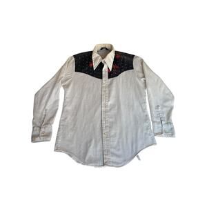 Vintage J C Penney Western Floral White Long Sleeve Embroidered Shirt Large